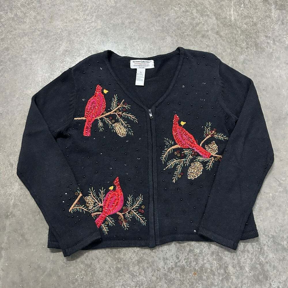 Vintage Heirloom Collectibles Christmas Cardigan Sweater Black Cardinal